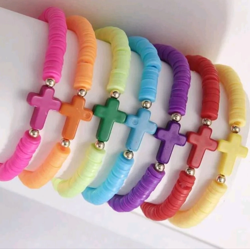 Kids Stackable Clay Beaded Bracelet with Cross-3 Pcs Set